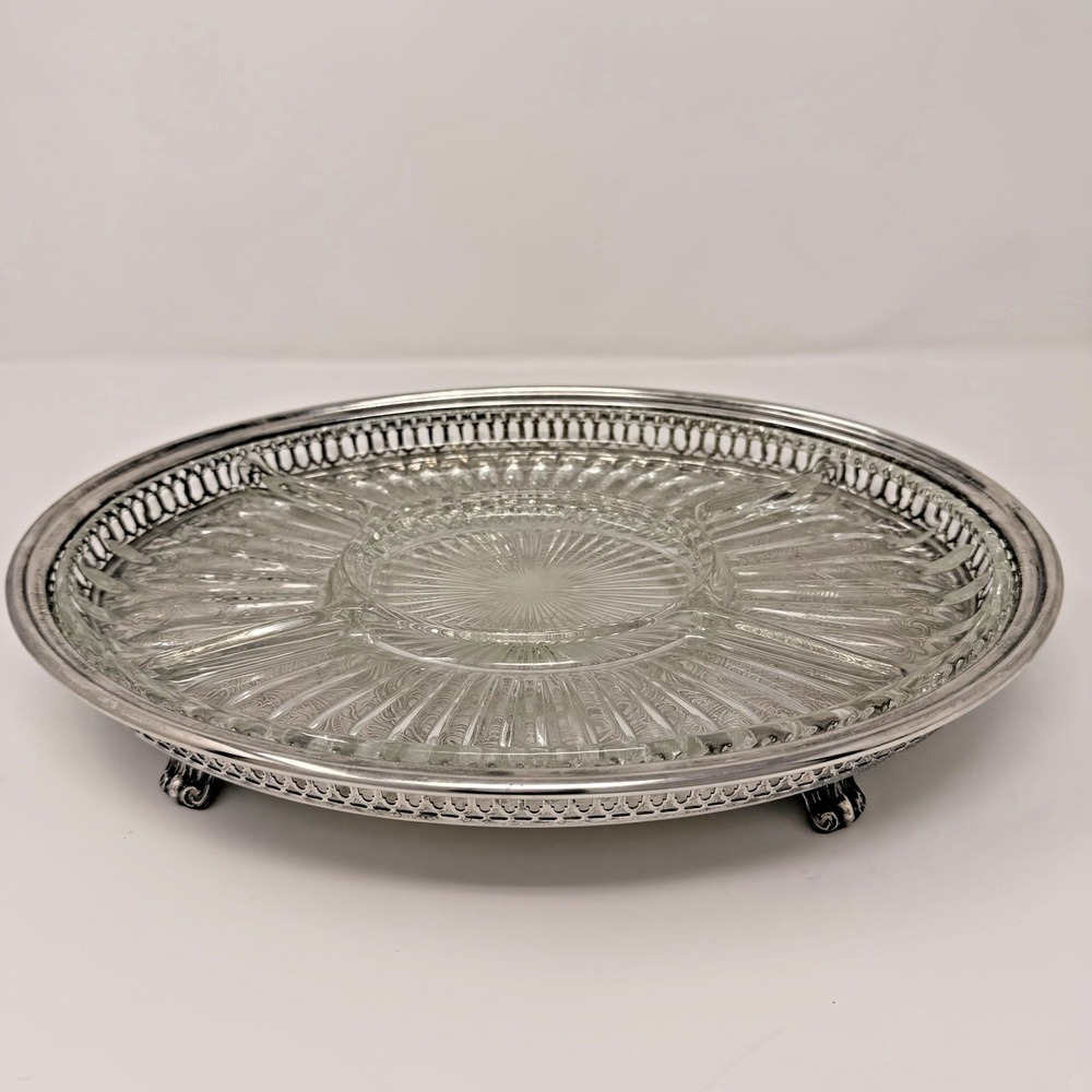 Vintage Leonard Silverplate Pierced Oval Tray w/ 5‑Section Glass‎ Insert USA